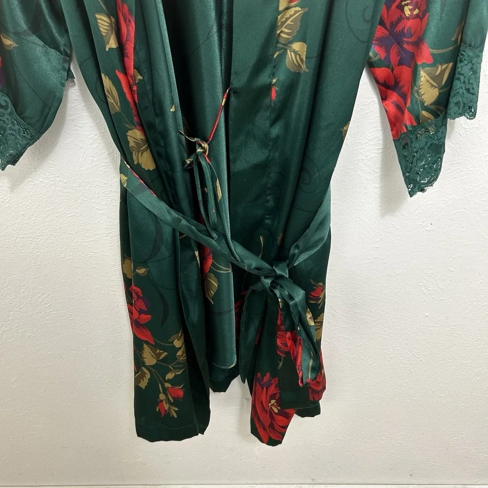 Vintage Robe & Slip Nightgown Slip Dress SET Solange Satin Green Floral 18/20